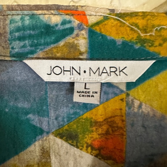 JOHN MARK Patchwork Geometric Floral Print Long Sleeve Shirt Dress Size L Birds - Picture 15 of 16